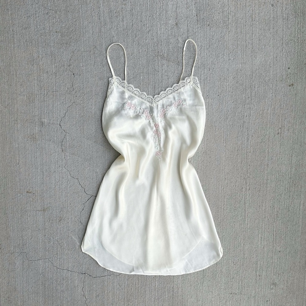 vintage ivory satin slip with floral embroidery